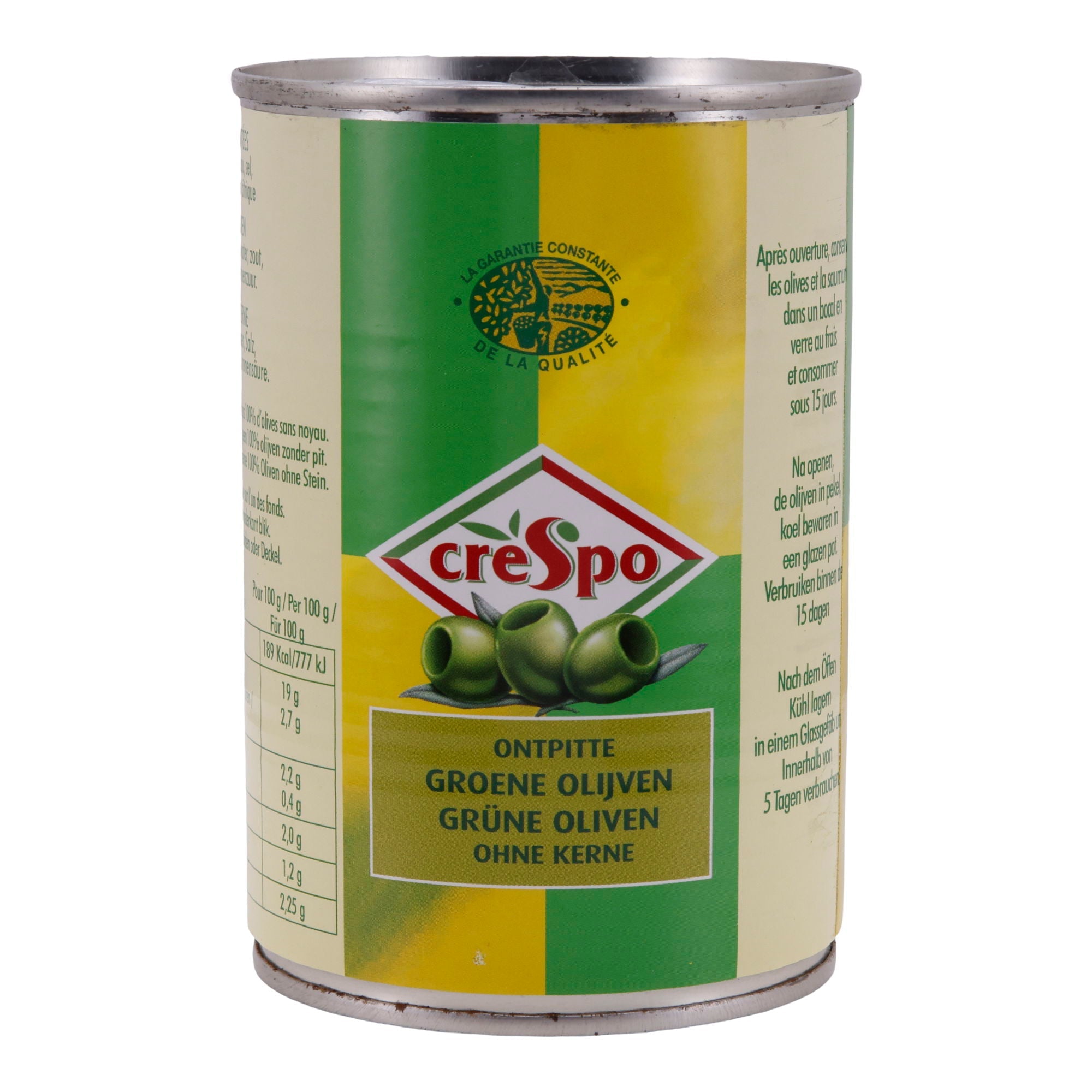 Oliven Crespo | Grüne Oliven ohne Kern | Ideal für mediterrane Gerichte | 397 g Dose CRESPO